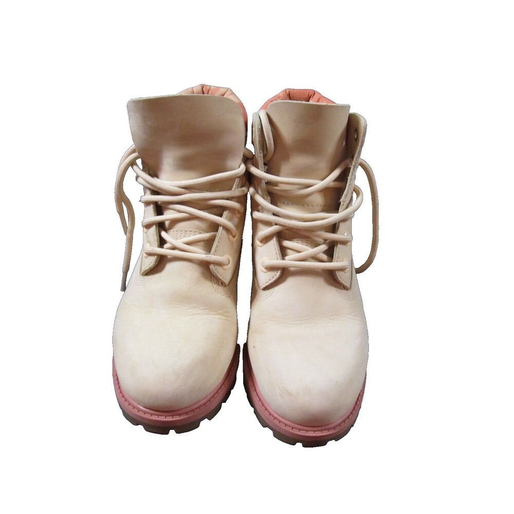 Timberland Kids Boots Size 4 Tan Leather Pink Orange Padded Collar - Picture 11 of 12